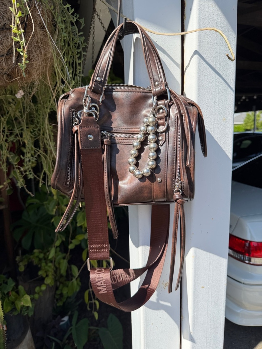 Brown Leather Satchel Madden girl Handbag with Beaded Charm